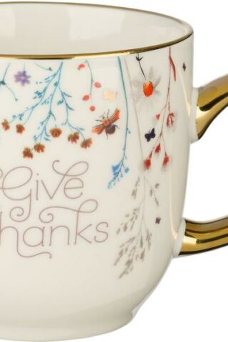 6006937153745 White & Gold Floral Ceramic Coffee & Tea Mug for Women: Give Thanks - 1 Thess. 5