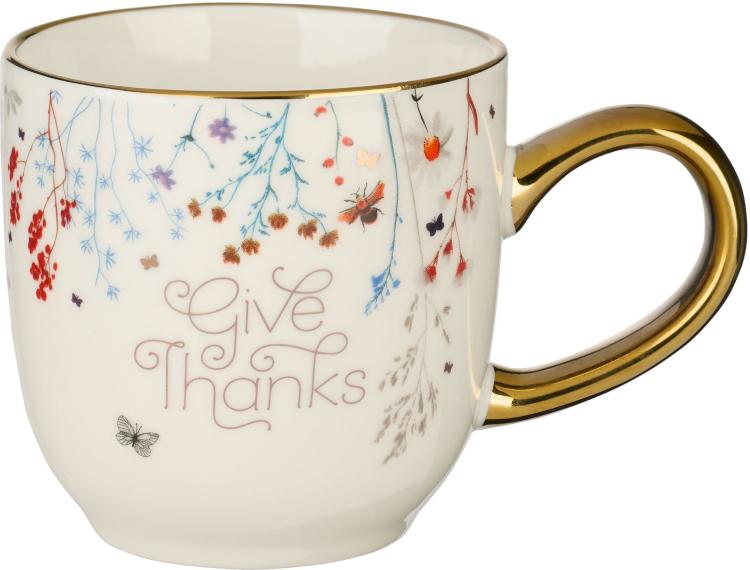 6006937153745 White & Gold Floral Ceramic Coffee & Tea Mug for Women: Give Thanks - 1 Thess. 5