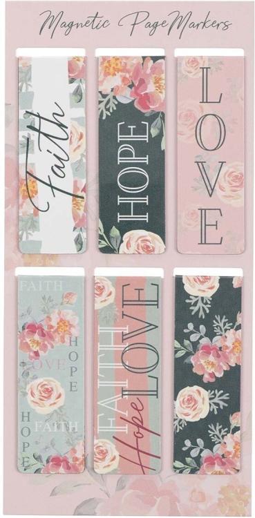 1220000137189 Set of 6 Faith Hope Love w/Pink Roses Inspirational Magnetic Bible Verse Bookmar