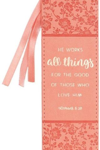 1220000130081 Peach Faux Leather Bookmark  He Works All Things - Romans 8:28 Bible Verse Inspi